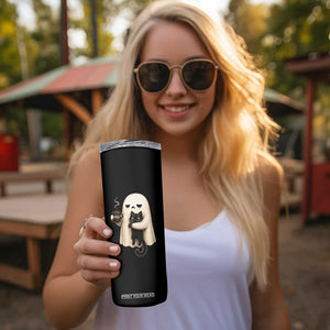 Meh Boojee Sleepy Ghost Holding Black Cat Drinking Coffee Skinny Tumbler Spooky Halloween Cute Autumn Morning Mood Graphic