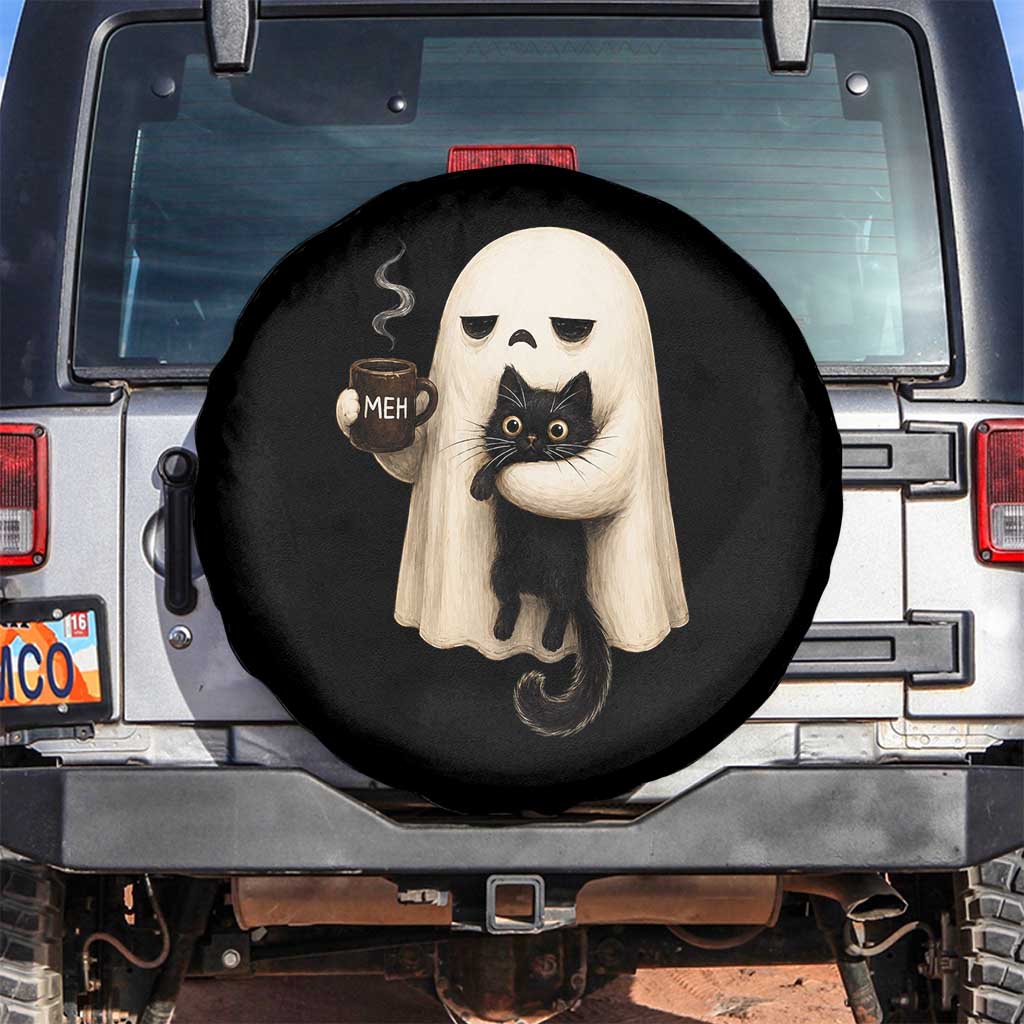 Meh Boojee Sleepy Ghost Holding Black Cat Drinking Coffee Spare Tire Cover Spooky Halloween Cute Autumn Morning Mood Graphic