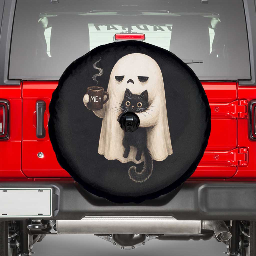 Meh Boojee Sleepy Ghost Holding Black Cat Drinking Coffee Spare Tire Cover Spooky Halloween Cute Autumn Morning Mood Graphic
