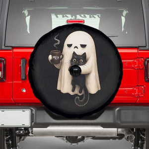 Meh Boojee Sleepy Ghost Holding Black Cat Drinking Coffee Spare Tire Cover Spooky Halloween Cute Autumn Morning Mood Graphic
