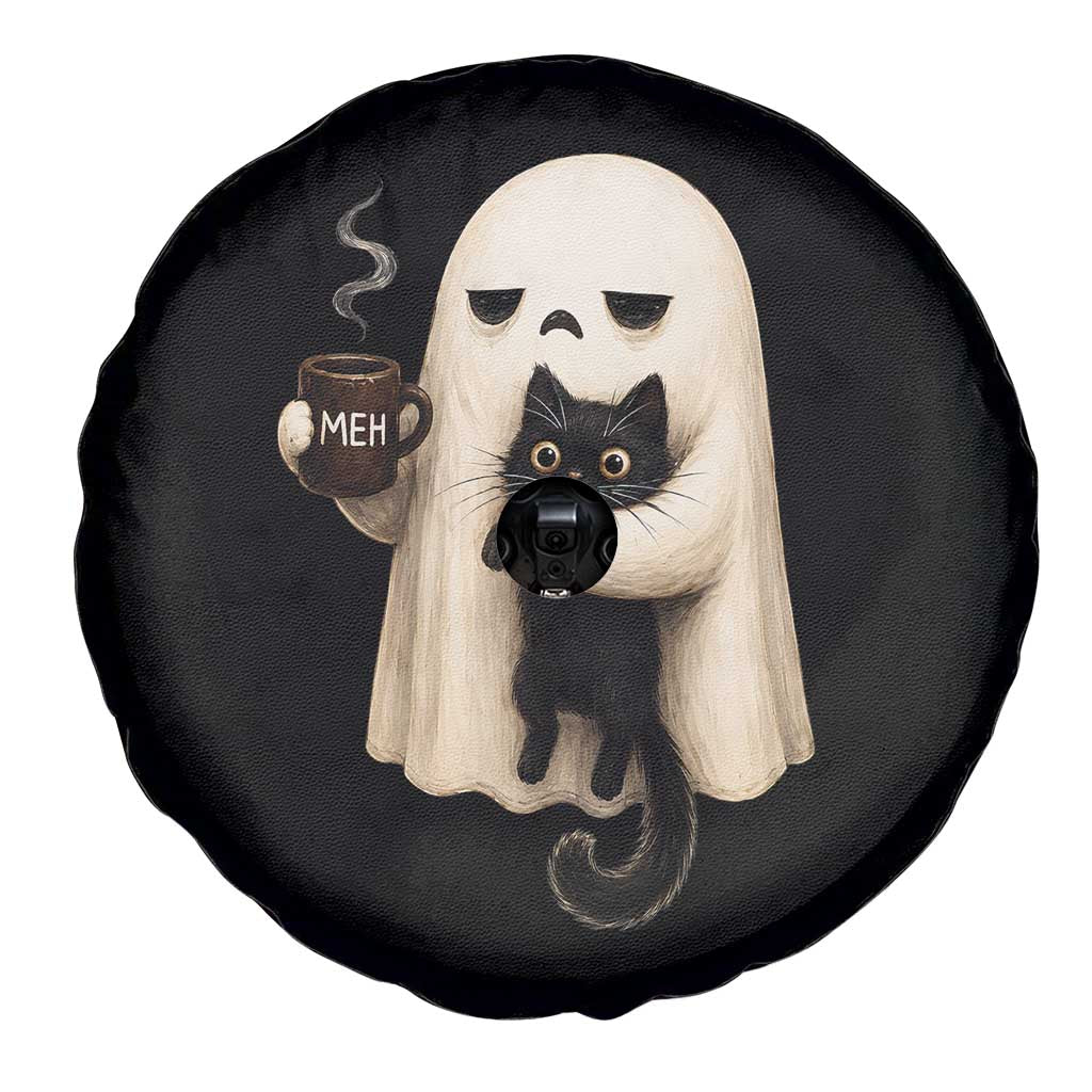 Meh Boojee Sleepy Ghost Holding Black Cat Drinking Coffee Spare Tire Cover Spooky Halloween Cute Autumn Morning Mood Graphic