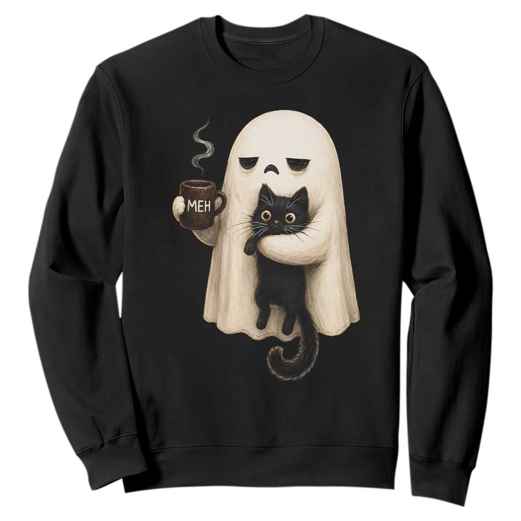 Meh Boojee Sleepy Ghost Holding Black Cat Drinking Coffee Sweatshirt Spooky Halloween Cute Autumn Morning Mood Graphic