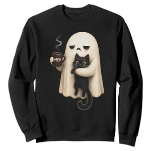 Meh Boojee Sleepy Ghost Holding Black Cat Drinking Coffee Sweatshirt Spooky Halloween Cute Autumn Morning Mood Graphic