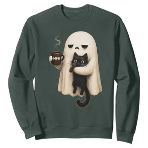 Meh Boojee Sleepy Ghost Holding Black Cat Drinking Coffee Sweatshirt Spooky Halloween Cute Autumn Morning Mood Graphic