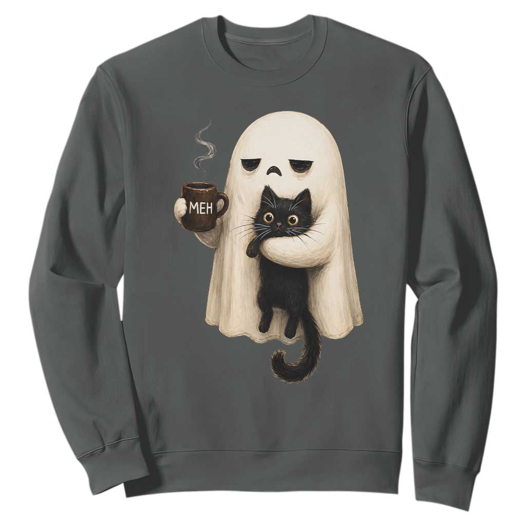 Meh Boojee Sleepy Ghost Holding Black Cat Drinking Coffee Sweatshirt Spooky Halloween Cute Autumn Morning Mood Graphic