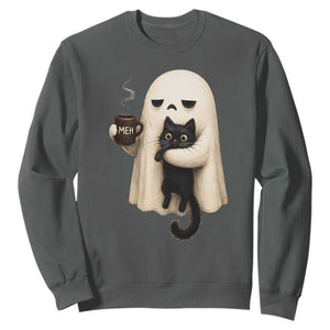 Meh Boojee Sleepy Ghost Holding Black Cat Drinking Coffee Sweatshirt Spooky Halloween Cute Autumn Morning Mood Graphic