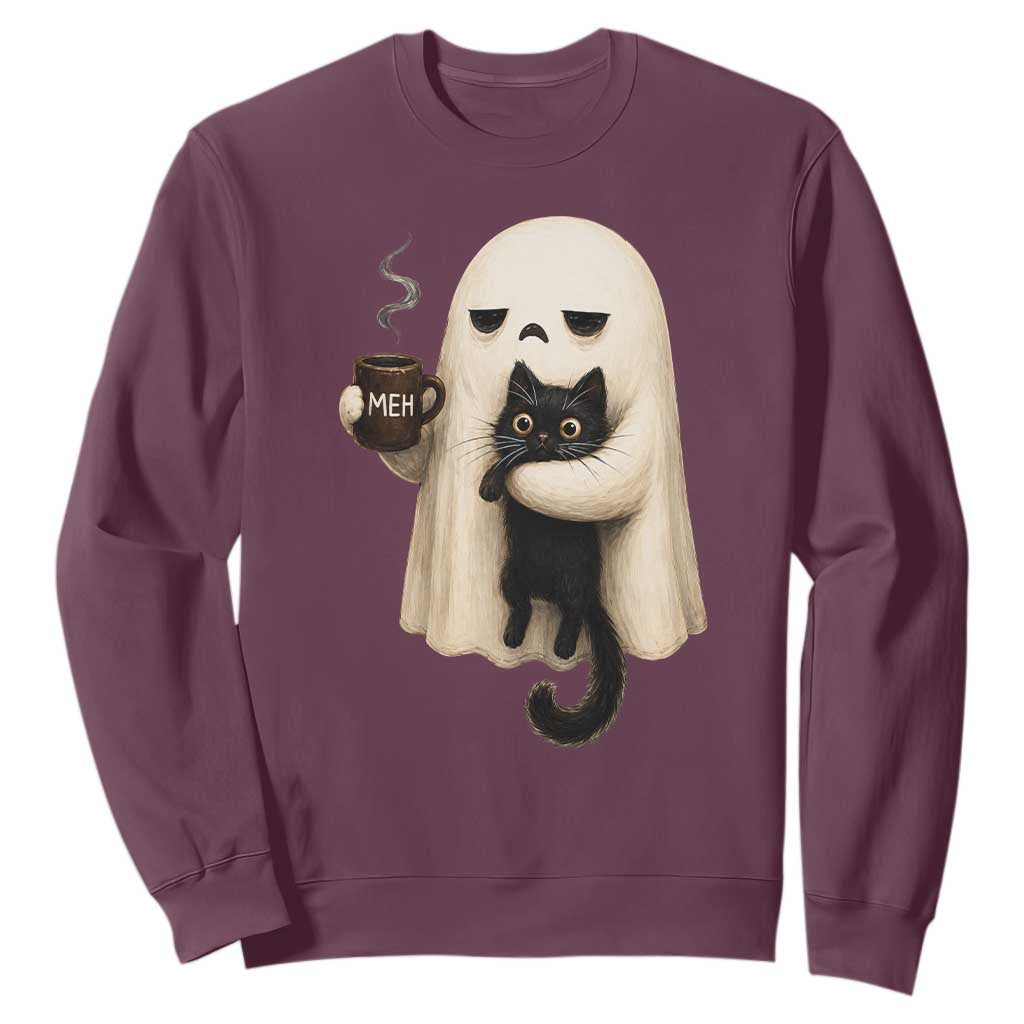 Meh Boojee Sleepy Ghost Holding Black Cat Drinking Coffee Sweatshirt Spooky Halloween Cute Autumn Morning Mood Graphic