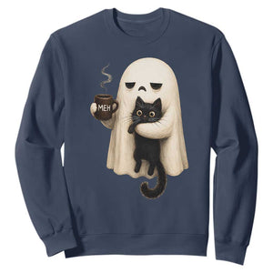 Meh Boojee Sleepy Ghost Holding Black Cat Drinking Coffee Sweatshirt Spooky Halloween Cute Autumn Morning Mood Graphic