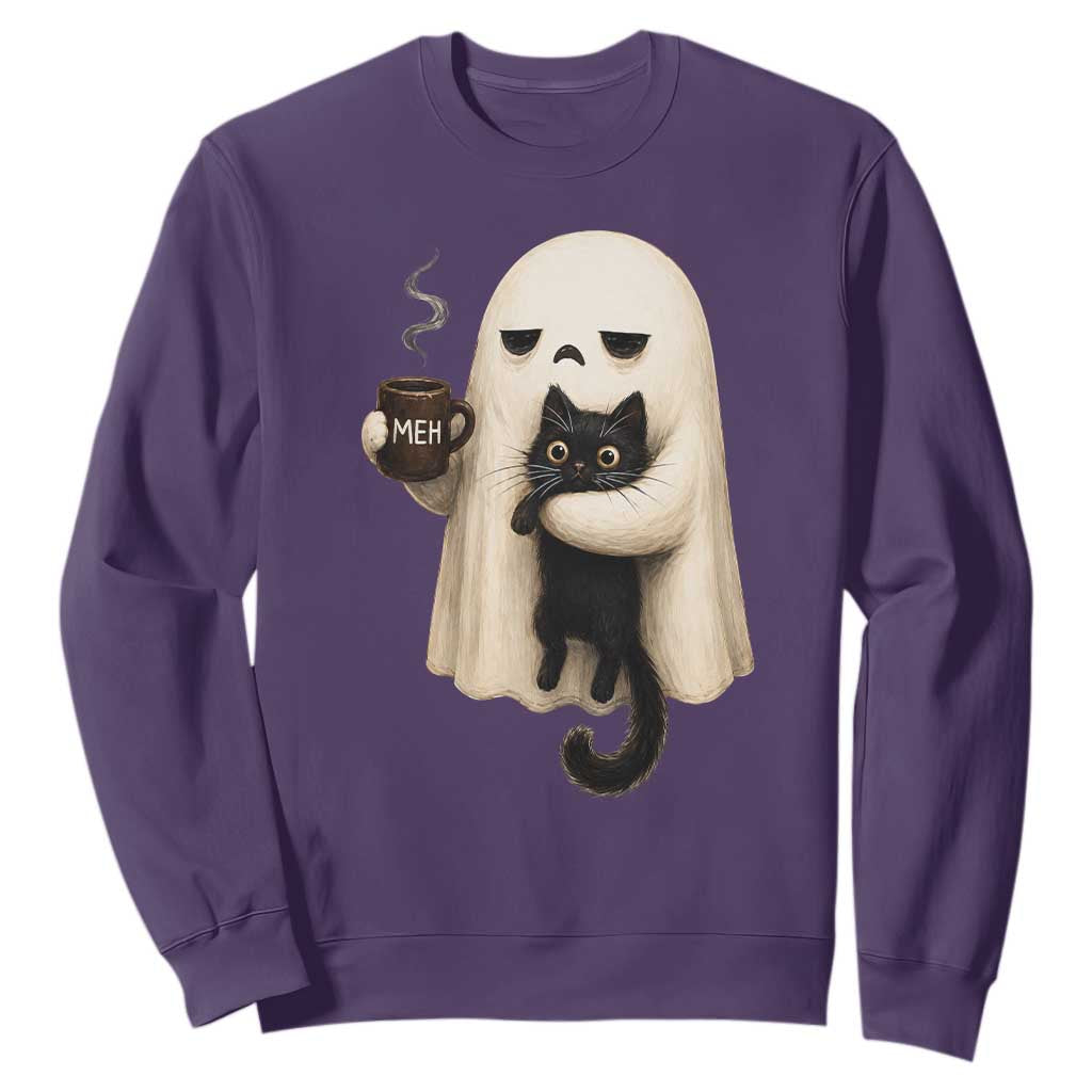 Meh Boojee Sleepy Ghost Holding Black Cat Drinking Coffee Sweatshirt Spooky Halloween Cute Autumn Morning Mood Graphic