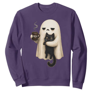 Meh Boojee Sleepy Ghost Holding Black Cat Drinking Coffee Sweatshirt Spooky Halloween Cute Autumn Morning Mood Graphic