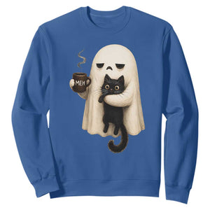 Meh Boojee Sleepy Ghost Holding Black Cat Drinking Coffee Sweatshirt Spooky Halloween Cute Autumn Morning Mood Graphic