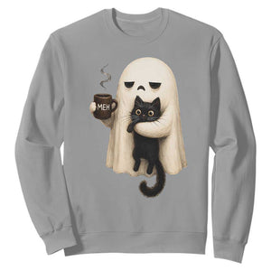 Meh Boojee Sleepy Ghost Holding Black Cat Drinking Coffee Sweatshirt Spooky Halloween Cute Autumn Morning Mood Graphic