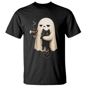 Meh Boojee Sleepy Ghost Holding Black Cat Drinking Coffee T Shirt Spooky Halloween Cute Autumn Morning Mood Graphic