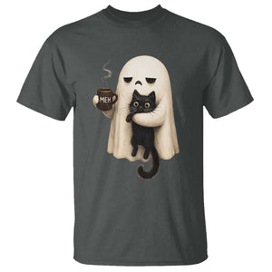 Meh Boojee Sleepy Ghost Holding Black Cat Drinking Coffee T Shirt Spooky Halloween Cute Autumn Morning Mood Graphic