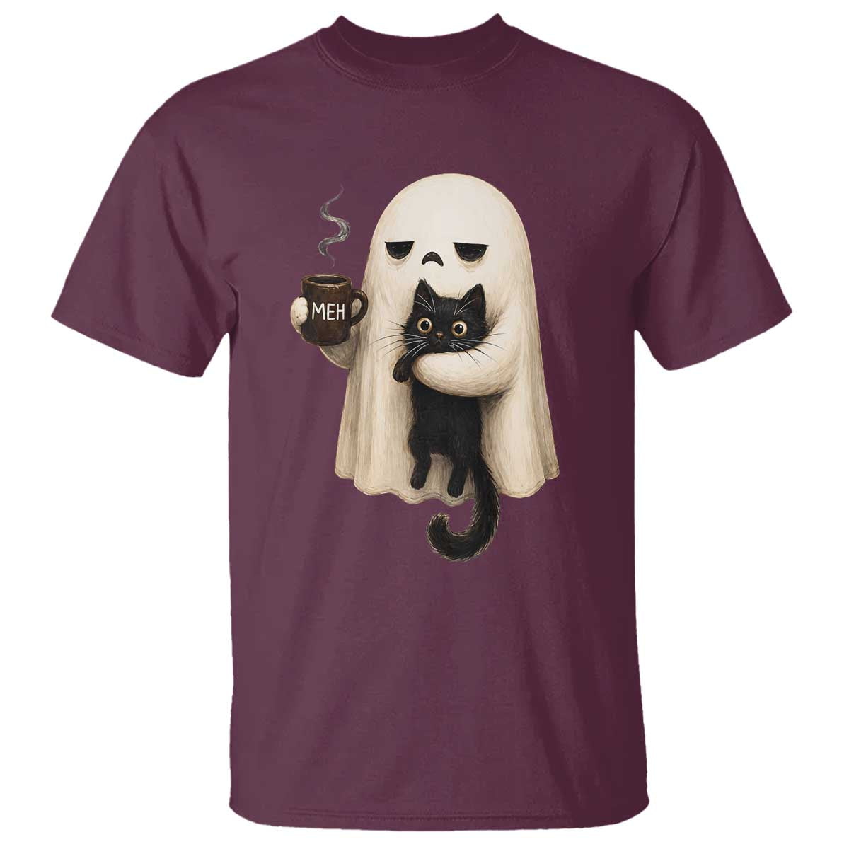 Meh Boojee Sleepy Ghost Holding Black Cat Drinking Coffee T Shirt Spooky Halloween Cute Autumn Morning Mood Graphic