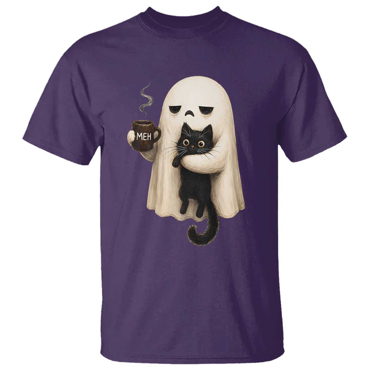 Meh Boojee Sleepy Ghost Holding Black Cat Drinking Coffee T Shirt Spooky Halloween Cute Autumn Morning Mood Graphic