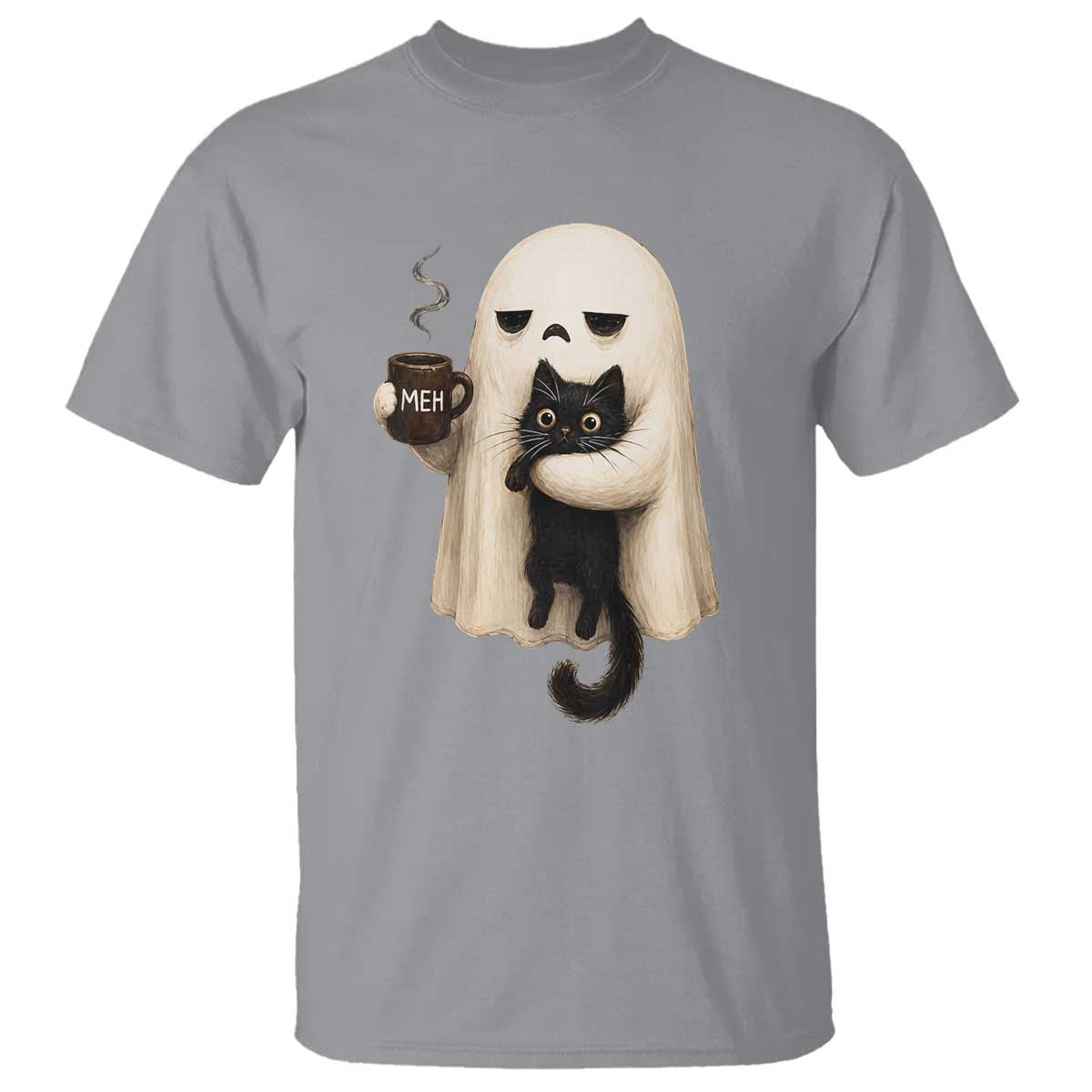 Meh Boojee Sleepy Ghost Holding Black Cat Drinking Coffee T Shirt Spooky Halloween Cute Autumn Morning Mood Graphic
