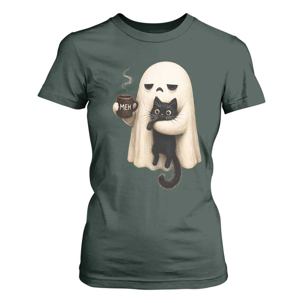 Meh Boojee Sleepy Ghost Holding Black Cat Drinking Coffee T Shirt For Women Spooky Halloween Cute Autumn Morning Mood Graphic