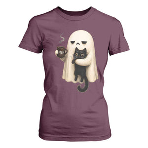 Meh Boojee Sleepy Ghost Holding Black Cat Drinking Coffee T Shirt For Women Spooky Halloween Cute Autumn Morning Mood Graphic