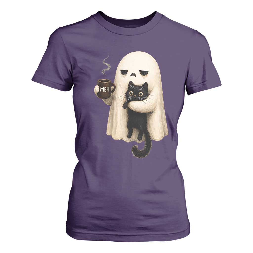 Meh Boojee Sleepy Ghost Holding Black Cat Drinking Coffee T Shirt For Women Spooky Halloween Cute Autumn Morning Mood Graphic