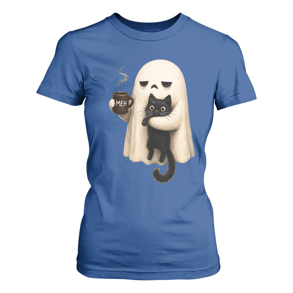 Meh Boojee Sleepy Ghost Holding Black Cat Drinking Coffee T Shirt For Women Spooky Halloween Cute Autumn Morning Mood Graphic