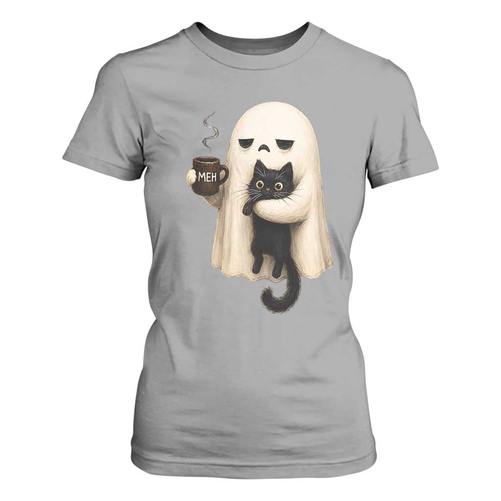 Meh Boojee Sleepy Ghost Holding Black Cat Drinking Coffee T Shirt For Women Spooky Halloween Cute Autumn Morning Mood Graphic