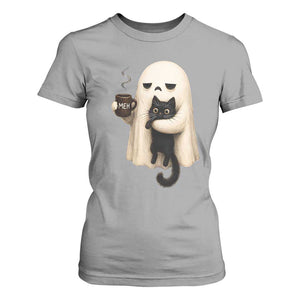 Meh Boojee Sleepy Ghost Holding Black Cat Drinking Coffee T Shirt For Women Spooky Halloween Cute Autumn Morning Mood Graphic