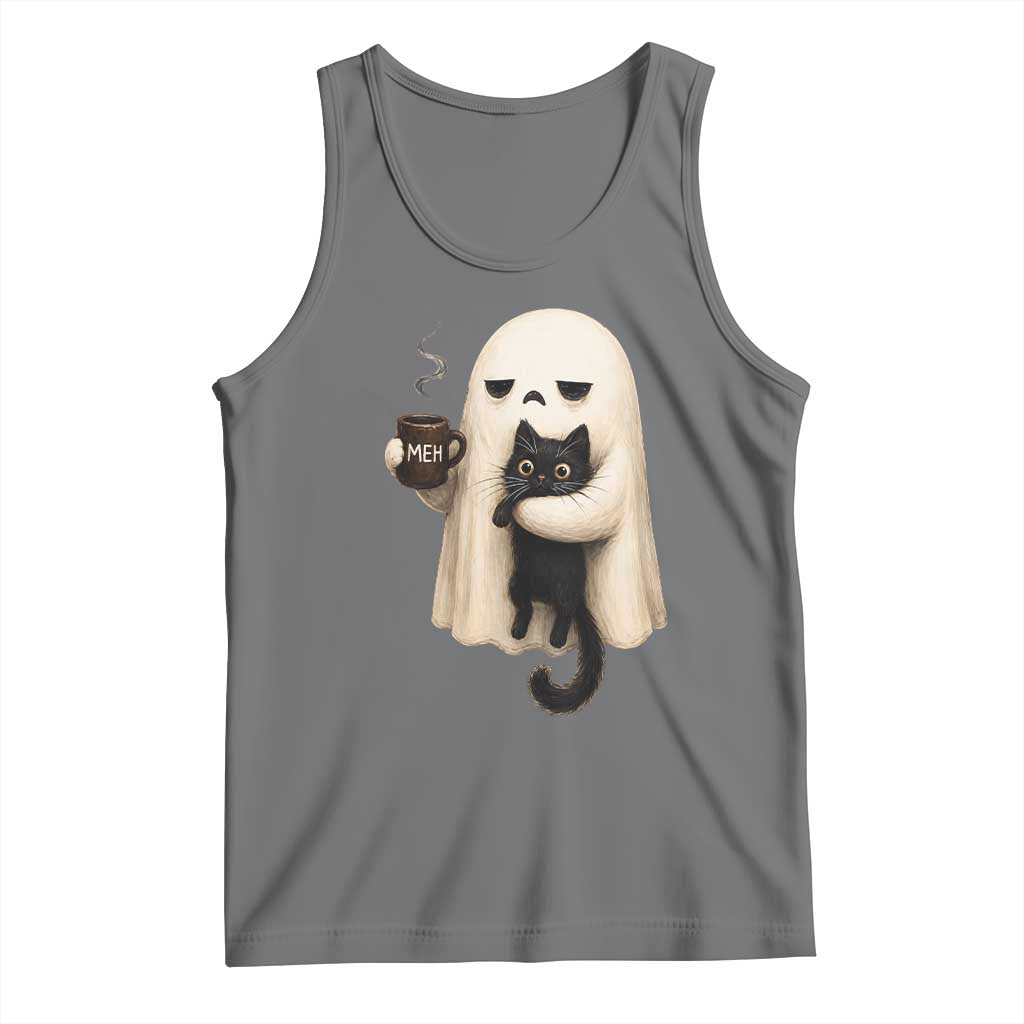 Meh Boojee Sleepy Ghost Holding Black Cat Drinking Coffee Tank Top Spooky Halloween Cute Autumn Morning Mood Graphic