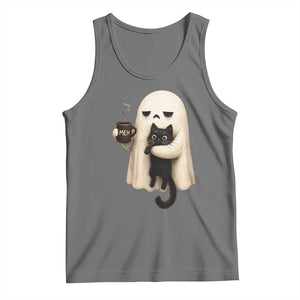 Meh Boojee Sleepy Ghost Holding Black Cat Drinking Coffee Tank Top Spooky Halloween Cute Autumn Morning Mood Graphic