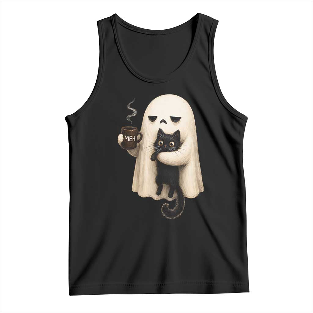 Meh Boojee Sleepy Ghost Holding Black Cat Drinking Coffee Tank Top Spooky Halloween Cute Autumn Morning Mood Graphic TS02 Black Print Your Wear