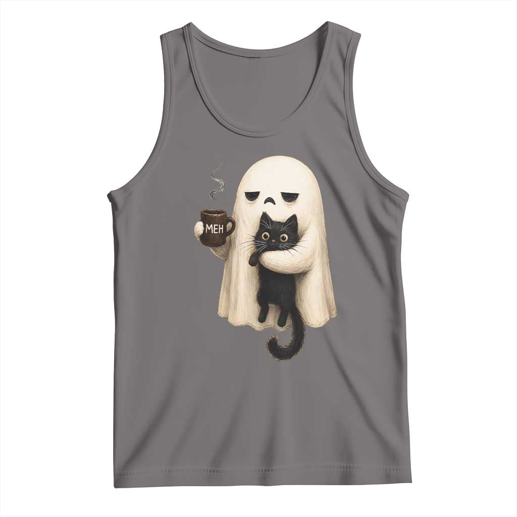 Meh Boojee Sleepy Ghost Holding Black Cat Drinking Coffee Tank Top Spooky Halloween Cute Autumn Morning Mood Graphic