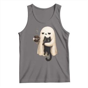 Meh Boojee Sleepy Ghost Holding Black Cat Drinking Coffee Tank Top Spooky Halloween Cute Autumn Morning Mood Graphic