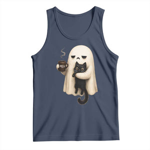Meh Boojee Sleepy Ghost Holding Black Cat Drinking Coffee Tank Top Spooky Halloween Cute Autumn Morning Mood Graphic