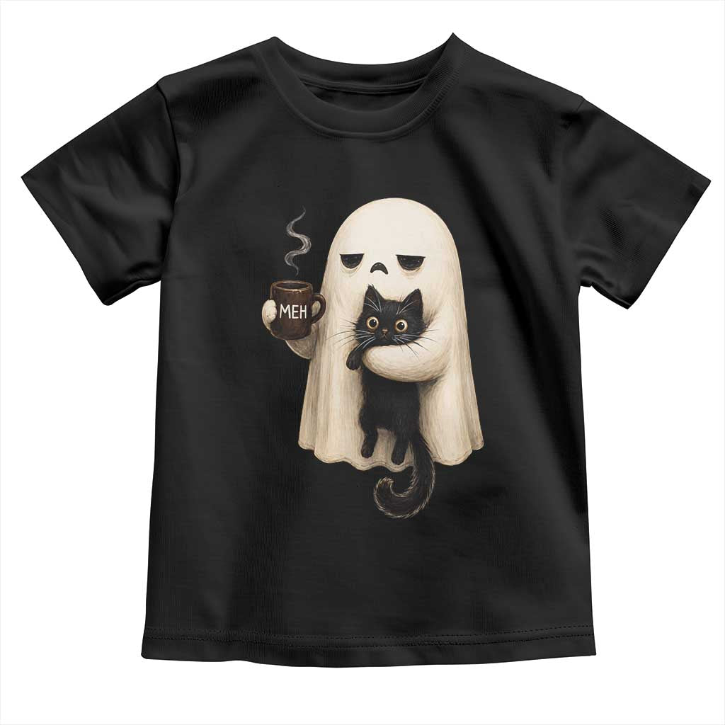 Meh Boojee Sleepy Ghost Holding Black Cat Drinking Coffee Toddler T Shirt Spooky Halloween Cute Autumn Morning Mood Graphic TS02 Black Print Your Wear