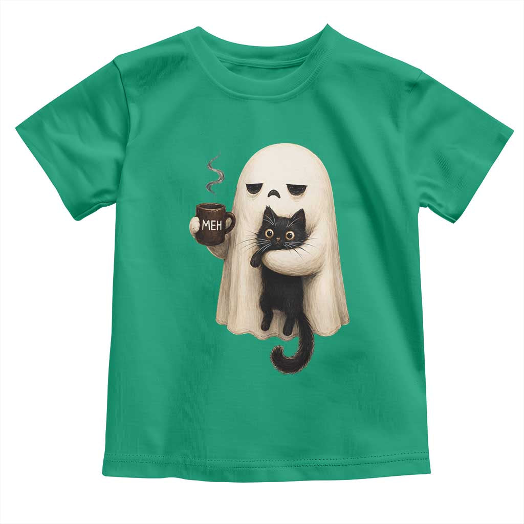 Meh Boojee Sleepy Ghost Holding Black Cat Drinking Coffee Toddler T Shirt Spooky Halloween Cute Autumn Morning Mood Graphic