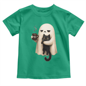 Meh Boojee Sleepy Ghost Holding Black Cat Drinking Coffee Toddler T Shirt Spooky Halloween Cute Autumn Morning Mood Graphic
