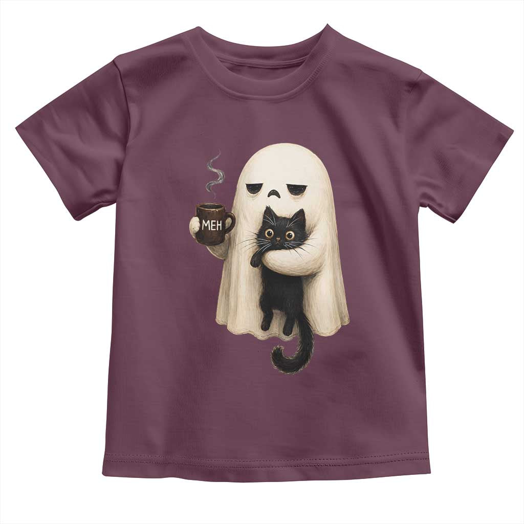 Meh Boojee Sleepy Ghost Holding Black Cat Drinking Coffee Toddler T Shirt Spooky Halloween Cute Autumn Morning Mood Graphic