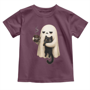Meh Boojee Sleepy Ghost Holding Black Cat Drinking Coffee Toddler T Shirt Spooky Halloween Cute Autumn Morning Mood Graphic