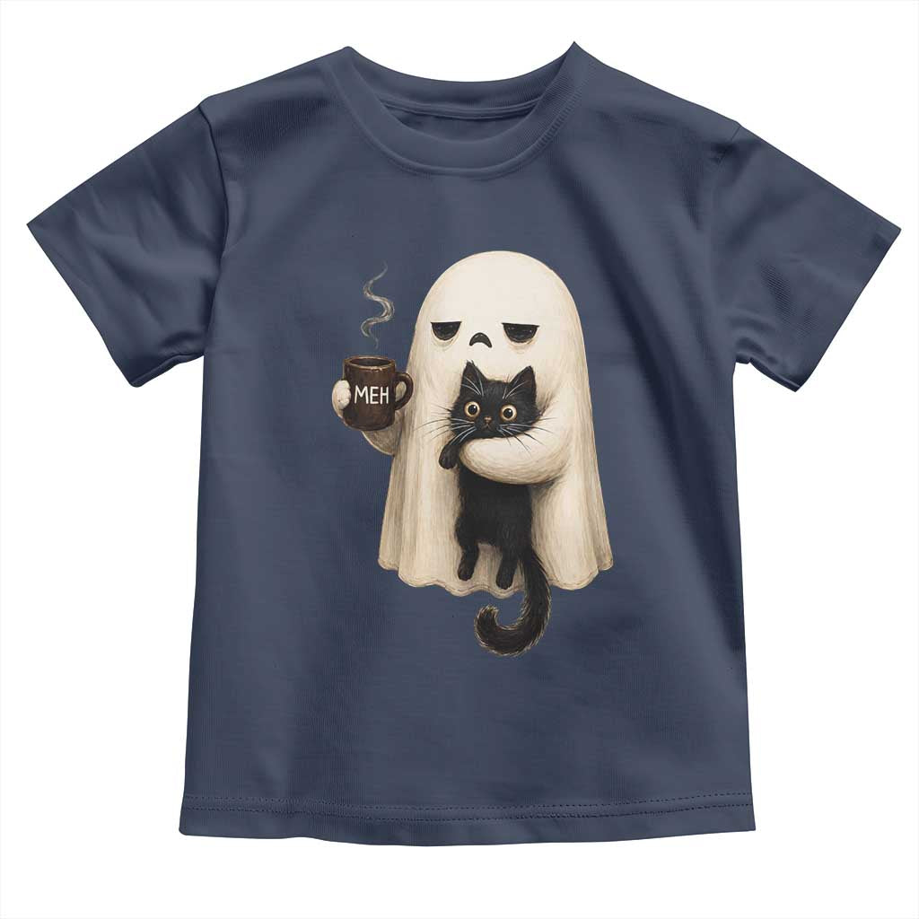 Meh Boojee Sleepy Ghost Holding Black Cat Drinking Coffee Toddler T Shirt Spooky Halloween Cute Autumn Morning Mood Graphic
