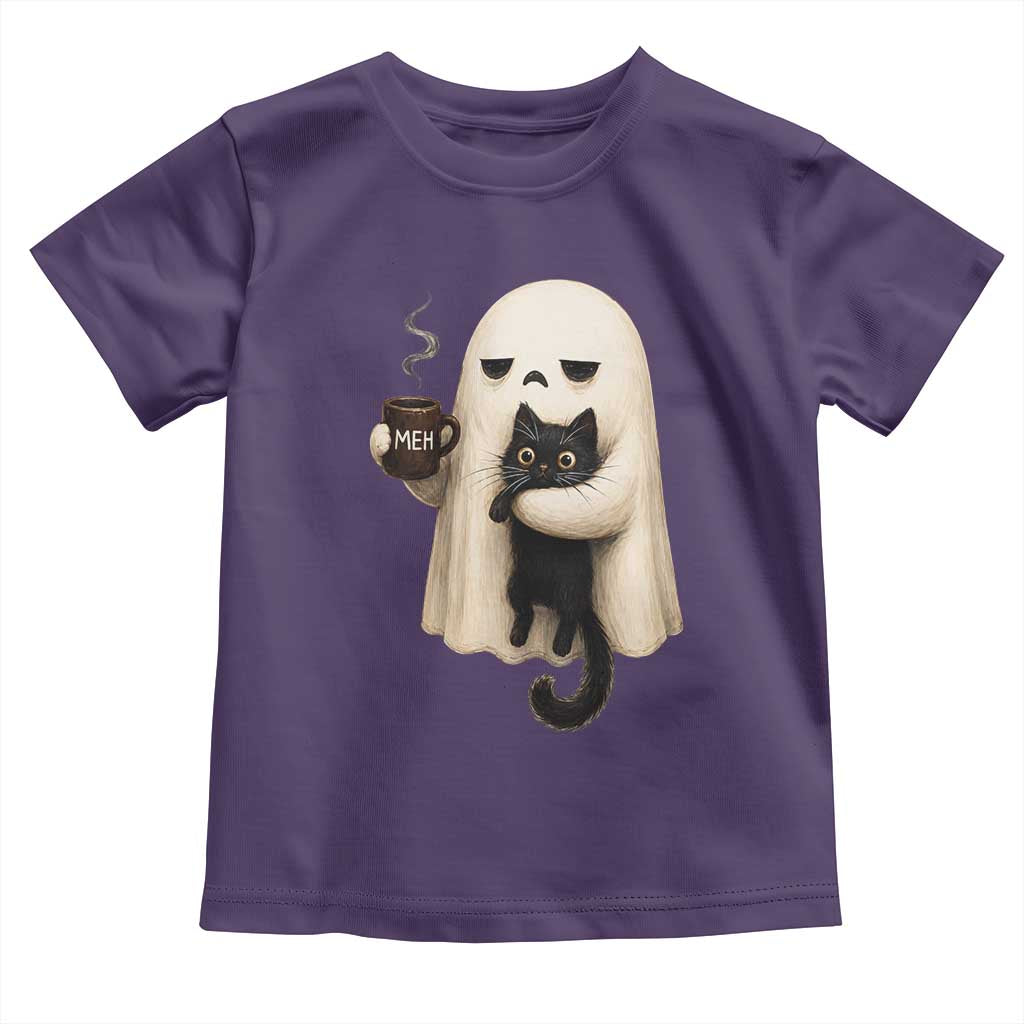 Meh Boojee Sleepy Ghost Holding Black Cat Drinking Coffee Toddler T Shirt Spooky Halloween Cute Autumn Morning Mood Graphic