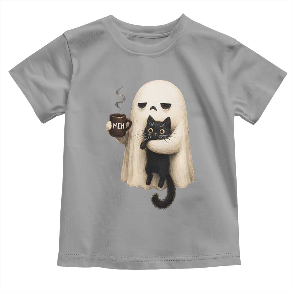 Meh Boojee Sleepy Ghost Holding Black Cat Drinking Coffee Toddler T Shirt Spooky Halloween Cute Autumn Morning Mood Graphic