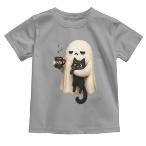 Meh Boojee Sleepy Ghost Holding Black Cat Drinking Coffee Toddler T Shirt Spooky Halloween Cute Autumn Morning Mood Graphic