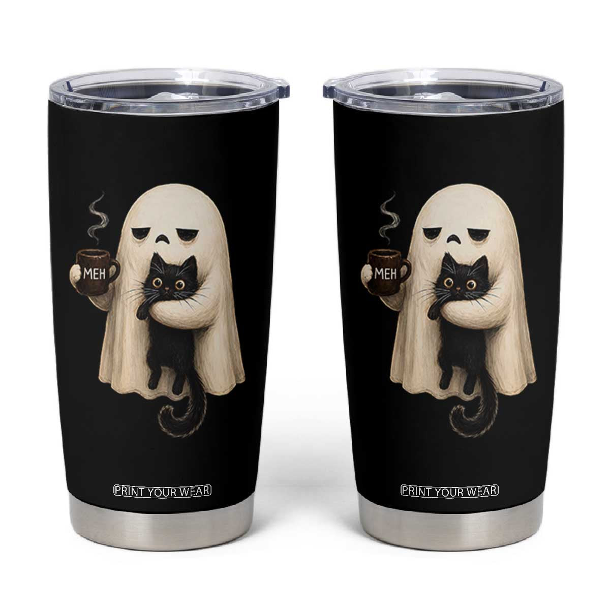Meh Boojee Sleepy Ghost Holding Black Cat Drinking Coffee Tumbler Cup Spooky Halloween Cute Autumn Morning Mood Graphic