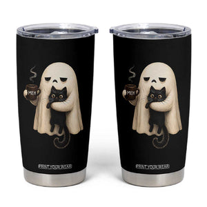 Meh Boojee Sleepy Ghost Holding Black Cat Drinking Coffee Tumbler Cup Spooky Halloween Cute Autumn Morning Mood Graphic