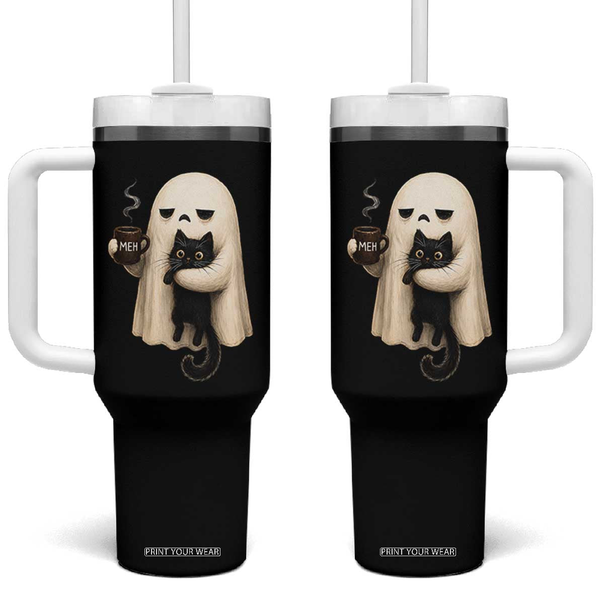 Meh Boojee Sleepy Ghost Holding Black Cat Drinking Coffee Tumbler With Handle Spooky Halloween Cute Autumn Morning Mood Graphic
