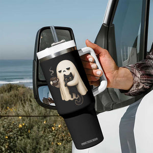 Meh Boojee Sleepy Ghost Holding Black Cat Drinking Coffee Tumbler With Handle Spooky Halloween Cute Autumn Morning Mood Graphic