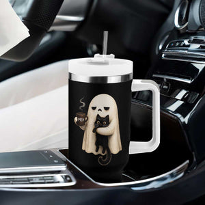 Meh Boojee Sleepy Ghost Holding Black Cat Drinking Coffee Tumbler With Handle Spooky Halloween Cute Autumn Morning Mood Graphic