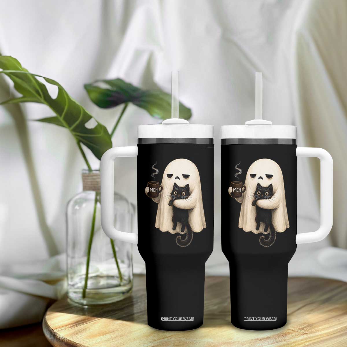 Meh Boojee Sleepy Ghost Holding Black Cat Drinking Coffee Tumbler With Handle Spooky Halloween Cute Autumn Morning Mood Graphic