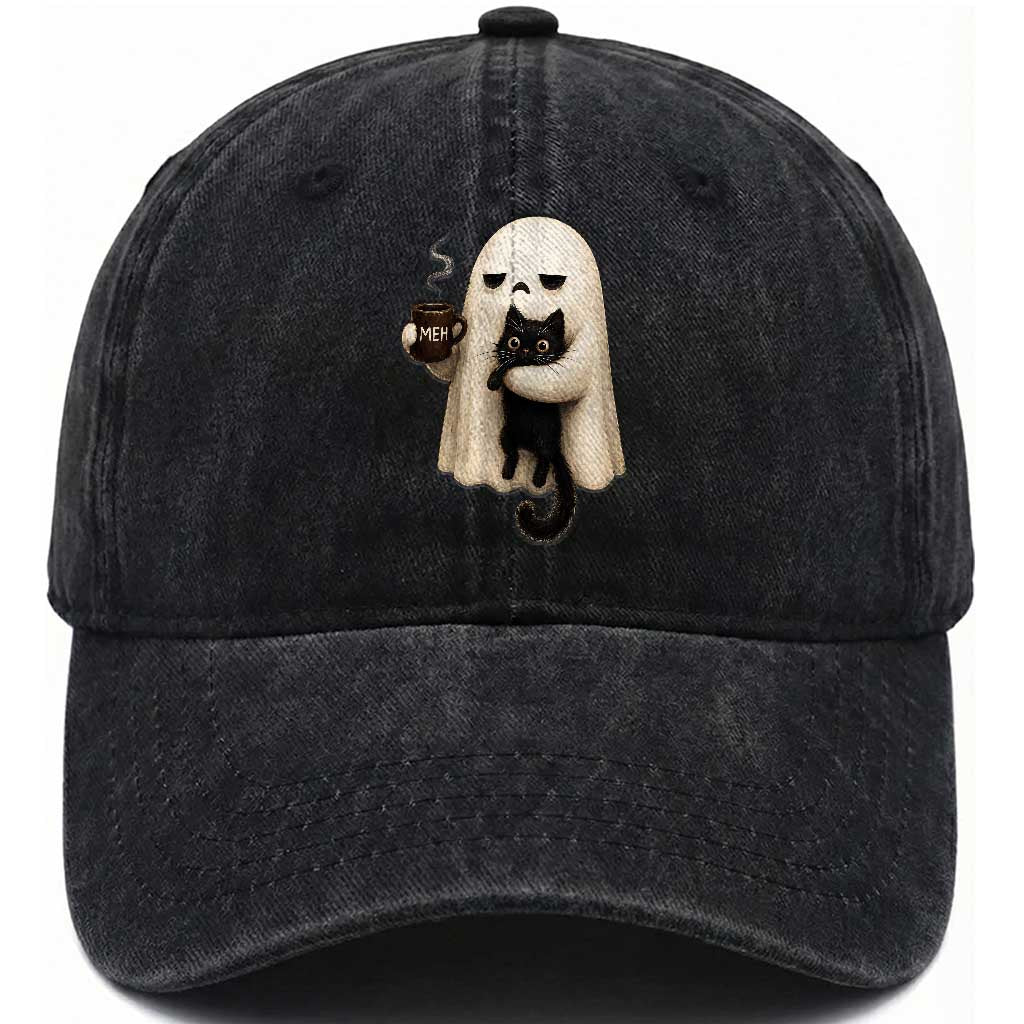 Meh Boojee Sleepy Ghost Holding Black Cat Drinking Coffee Washed Cotton Baseball Cap Spooky Halloween Cute Autumn Morning Mood Graphic