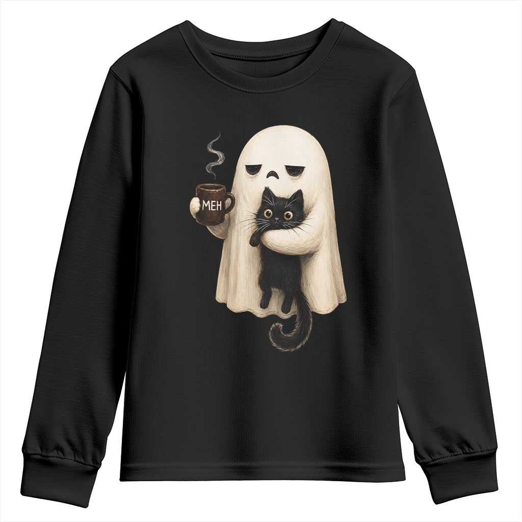 Meh Boojee Sleepy Ghost Holding Black Cat Drinking Coffee Youth Sweatshirt Spooky Halloween Cute Autumn Morning Mood Graphic TS02 Black Print Your Wear